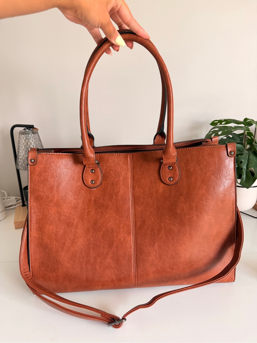 Lovevook Structured Brown Laptop Tote Bag with Top Handles and Shoulder Strap